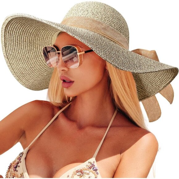 Beach Sun Hat Women Straw Wide Brim Packable UPF 50+ UV Protection Summer